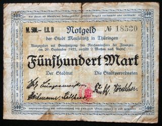 Meuselwitz 1922 500 Mark Early Inflation Notgeld German Banknote