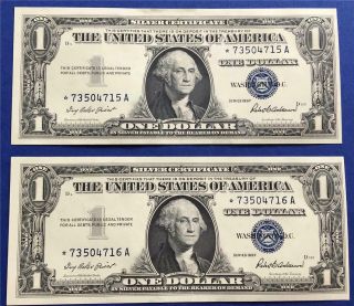 1957 $1 Silver Certificate Star Notes Consecutive A Block Uncirculated Gem Pair