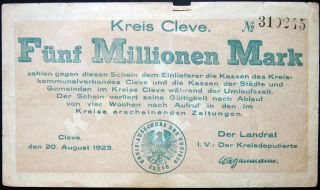 Cleve 1923 " Kreis " 5 Million Mark Inflation Notgeld German Banknote Kleve