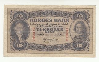 Norway 10 Kroner 1943 Circ.  P8c @