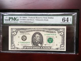 1988 $5 FEDERAL RESERVE NOTE PMG 64 CHOICE UNCIRCULATED EPQ 2