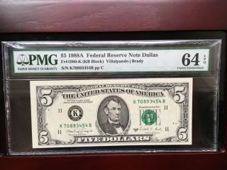 1988 $5 FEDERAL RESERVE NOTE PMG 64 CHOICE UNCIRCULATED EPQ 3