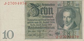 1924 Germany 10 Mark Reichsmark - - Paper Money Banknote Currency
