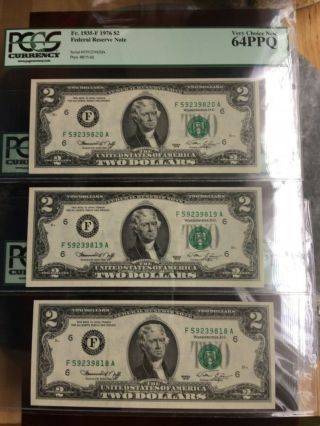 3 Consecutive 1976 $2 Federal Reserve Note Pcgs 64ppq Very Choice