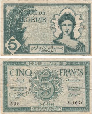 Algeria 5 Francs Banknote,  16 - 11 - 1942,  598