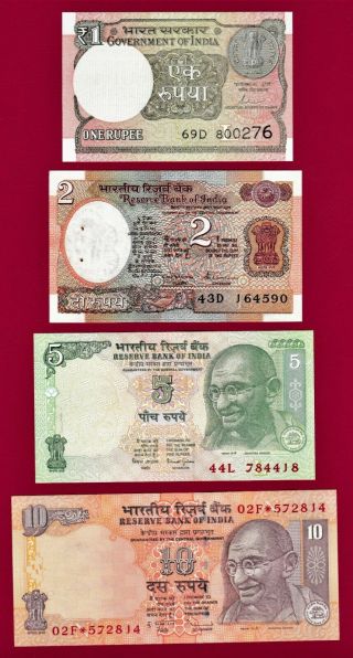 India Unc Notes: 1 Rupiah 2017,  2 Rpes 1976,  5 Rpes 2009,  10 Rpes 2011 Star Note