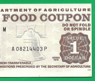 USDA FOOD STAMP COUPON 1975 $1.  00 A08214403P M/C M MONEY COUPON SCRIP 3