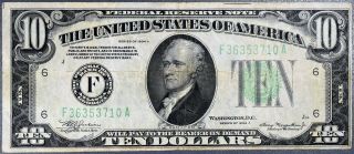 1934 - A $10 Dollar Federal Reserve Note Frn Atlanta Fr 2006 - F Gr: Vf A1284