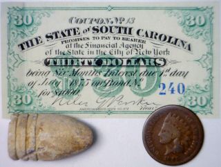 1860s Confederate Era $30 Intrst Note,  Civil War Bullet,  1865 Indian Cent Coin Nr