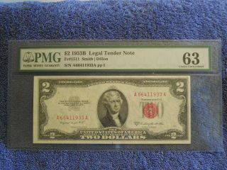 1953 - B $2 Legal Tender Note Fr 1511 Pmg 63 Choice Uncirculated Aa Block
