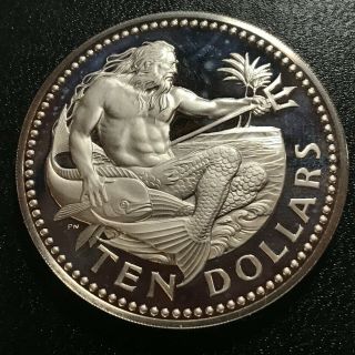 1973 Barbados $10 Silver King Neptune Proof Crown