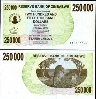 Zimbabwe 250000 250,  000 Dollars Bearer Cheque 2007 P 50 Aa Prefix Unc