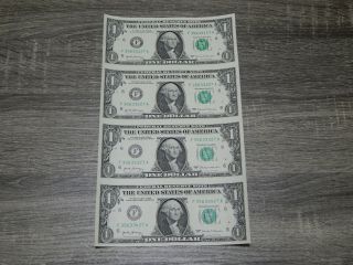 Uncut Sheet Of (4) $1 One U.  S.  Dollar Bills,  Notes,  Money,  & Currency - -