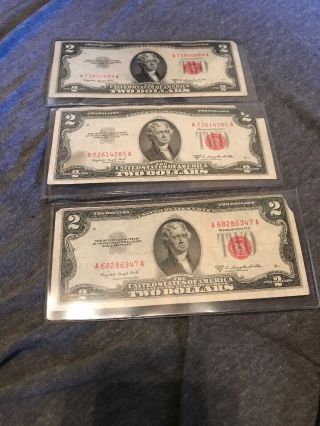 3x 1953 B Series $2 Two Dollar Bill United States Note Red Seal Crisp