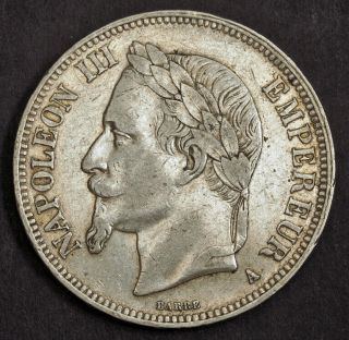 1868,  France (2nd Empire),  Napoleon Iii.  Large Silver 5 Francs Coin.  Xf -