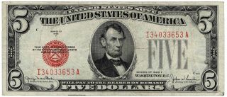 Series 1928 - F United States $5 Five Dollars Legal Tender Note Red Seal