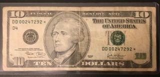 2003 $10 Dollar Bill Star Note Rare Low Serial Dd00247292