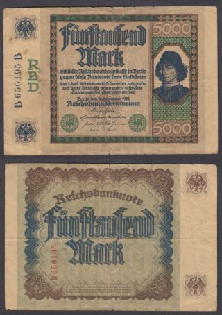 Germany 5000 Mark 1922 (1923) Banknote (vg, ) R.  B.  D.  P - 77