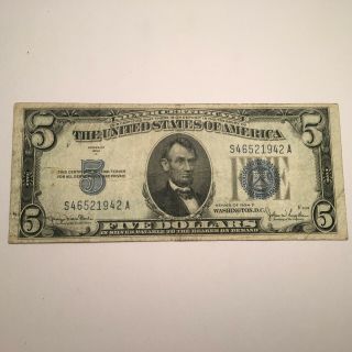 1934 Series D $5 Five Dollar Bill Blue Seal Silver Certificate - S46521942a