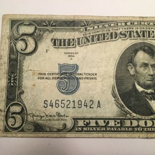 1934 Series D $5 Five Dollar Bill Blue Seal Silver Certificate - S46521942A 3