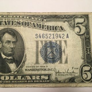 1934 Series D $5 Five Dollar Bill Blue Seal Silver Certificate - S46521942A 4