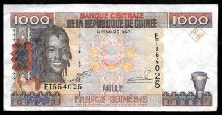 World Paper Money - Guinea 1000 Francs 1998 P37 Prefix Et @ Vf