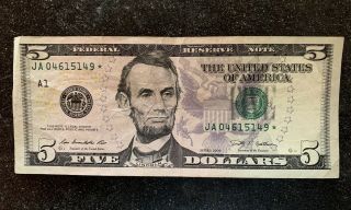 Series 2009 $5 Dollar Bill - Star ✯ Note Ja 04615149✯