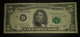 1969 $5 Dollar Bill Federal Reserve Of Kansas City J47408871a