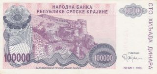 100 000 Denara Aunc Banknote From Krajina Serb Republic 1993