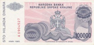 100 000 DENARA AUNC BANKNOTE FROM KRAJINA SERB REPUBLIC 1993 2