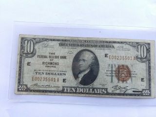 1929 $10.  00 National Currency Richmond Virginia