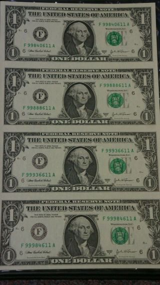 WORLD MONETARY RESERVE UNCUT SHEET 4 1 US DOLLAR BILLS 2003 IN FOLDER BUBBLED 2