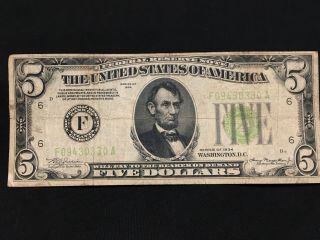 1934 $5 Federal Reserve Note Atlanta Georgia Lime Green