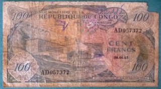 Congo 100 Francs Note Issued 06.  06.  1963,  P 1,  Rare Note