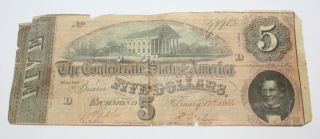 1864 $5 The Confederate States Of America Civil War Era Note Fast Usa