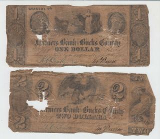 1841 Farmers Bank Of Bucks County Pennsylvania At Bristol $1 & $2 Bank Note