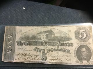 1862 Confederate States Of America $5 Five Dollar Bill Civil War Currency Note