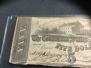 1862 Confederate States of America $5 Five Dollar Bill Civil War Currency Note 2