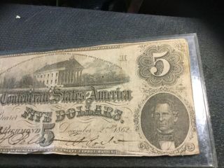 1862 Confederate States of America $5 Five Dollar Bill Civil War Currency Note 3