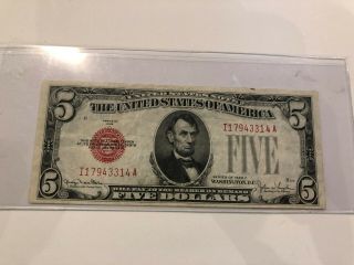 Fr.  1531 1928 F $5 Legal Tender Note Red Seal " Wide I "