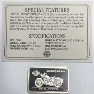 1992 Harley Davidson Limited Edition 1.  4 Oz.  9999 Silver Art Bar 1957 Sportster