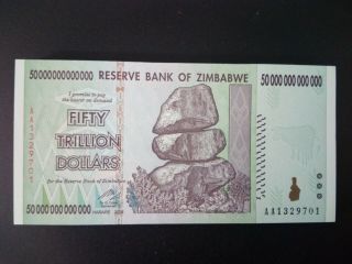 Zimbabwe 50 Trillion Dollars,  2008 Aa Series Uncirculated Banknote Collectible