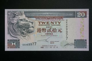 2002 Hong Kong Hsbc Notes $20 Dollars Uk999977 (unc)