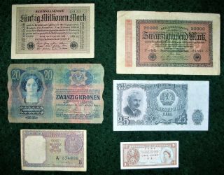 6 Old & Interesting International Bank Notes,  Germany,  Austria,  India,  Hong Kong