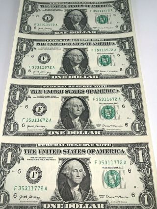 Uncut Sheet Of 4 Connected One Dollars (4 X $1) Us Currency Notes