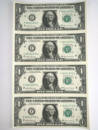 Uncut Sheet of 4 Connected One Dollars (4 x $1) US Currency Notes 2