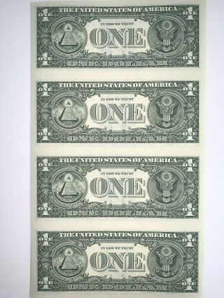 Uncut Sheet of 4 Connected One Dollars (4 x $1) US Currency Notes 3
