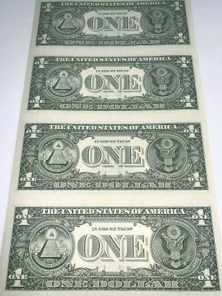 Uncut Sheet of 4 Connected One Dollars (4 x $1) US Currency Notes 4