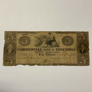 1855 Csa Commercial Bank Of Columbia Sc $5 Obsolete Currency