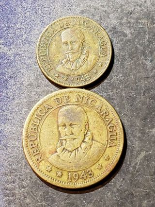 2 Coin Lit.  Nicaragua 5,  25 Centavos - Ww2 Era - 1 Year Type Coin